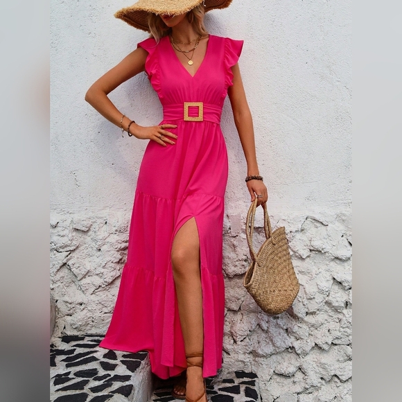 Women's Flutter Sleeve Side-Slit Dress - Picture 1 of 4